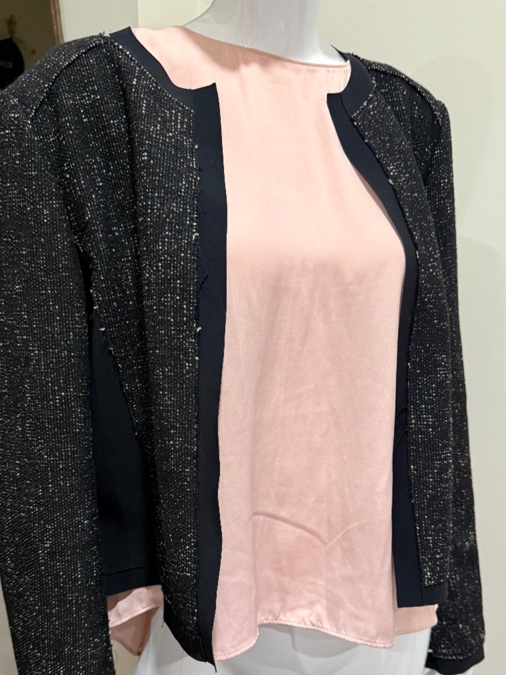 Elie Tahari Black Metallic Tweed Open Front Jacket Blazer